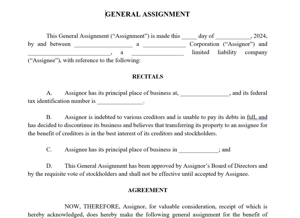 california assignment for the benefit of creditors preference